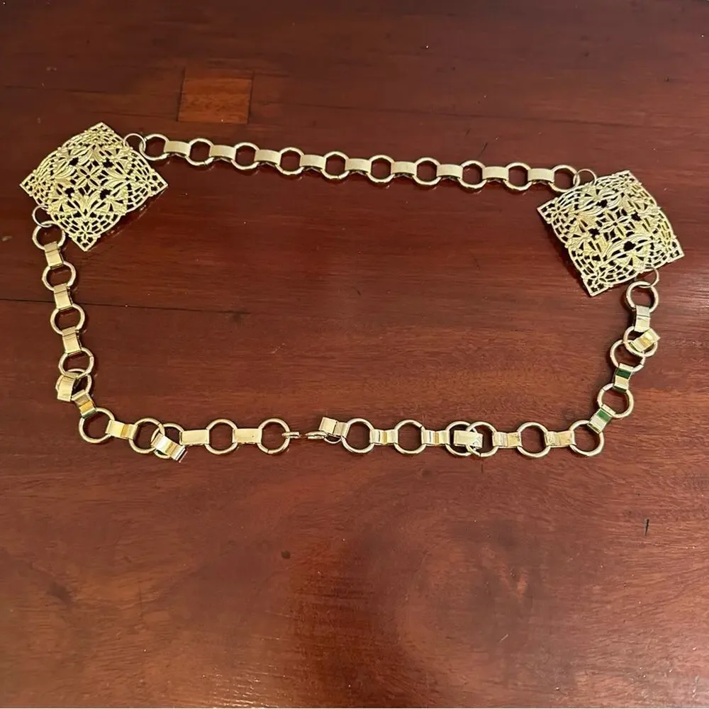 Gold Textured Metal Belt Square Filigree Link Chain Boho Bohemian 90s Y2K